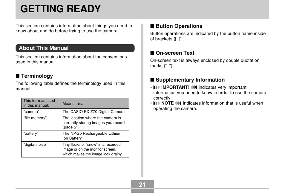 Getting ready, About this manual | Casio EX-Z70 User Manual | Page 21 / 252