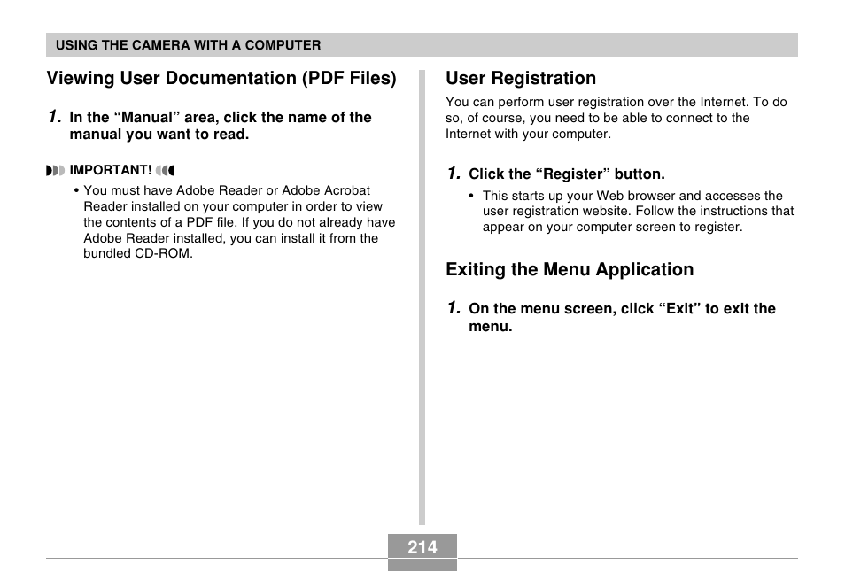 Viewing user documentation (pdf files), User registration, Exiting the menu application | Casio EX-Z70 User Manual | Page 214 / 252