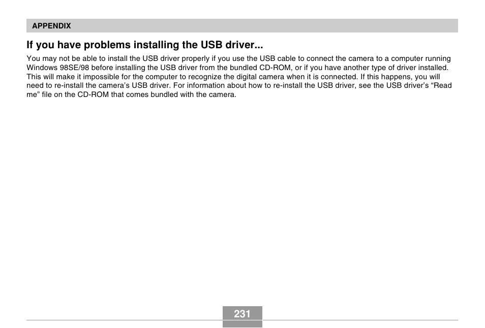 If you have problems installing the usb driver | Casio EX-Z70 User Manual | Page 231 / 252