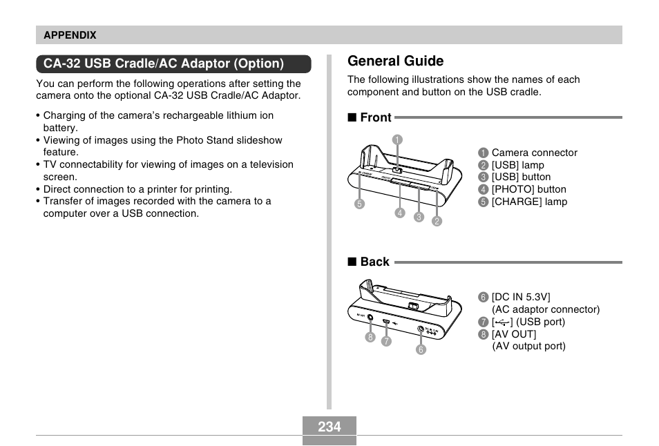 Ca-32 usb cradle/ac adaptor (option), General guide | Casio EX-Z70 User Manual | Page 234 / 252
