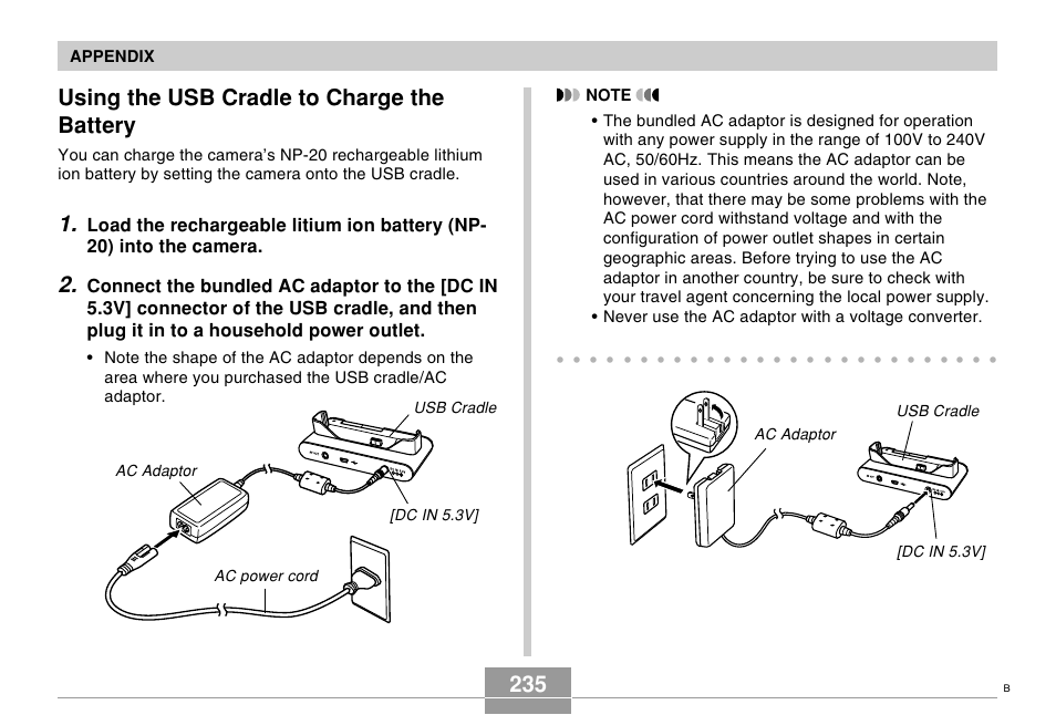 Using the usb cradle to charge the battery, 235 using the usb cradle to charge the battery, Appendix | Usb cradle ac adaptor [dc in 5.3v | Casio EX-Z70 User Manual | Page 235 / 252