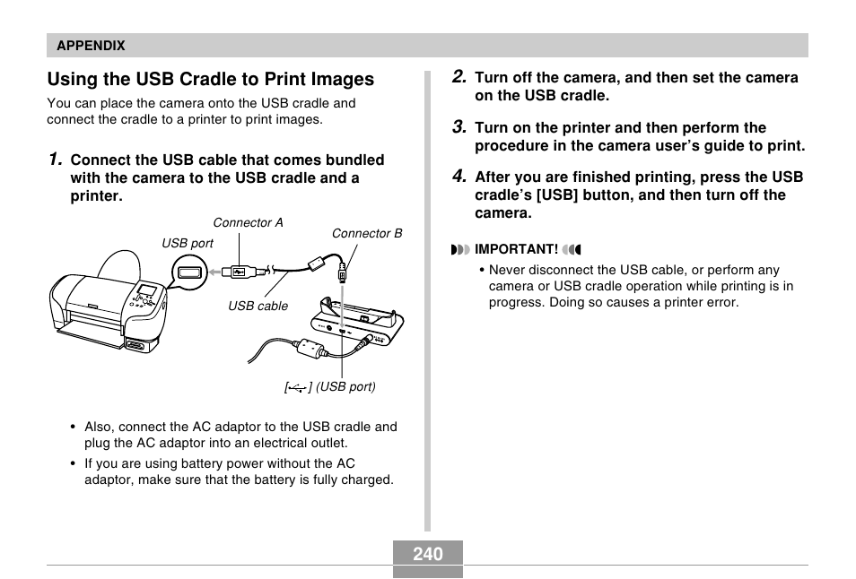 Using the usb cradle to print images, 240 using the usb cradle to print images | Casio EX-Z70 User Manual | Page 240 / 252