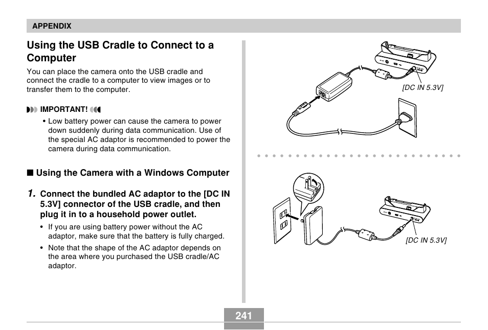 Using the usb cradle to connect to a computer, 241 using the usb cradle to connect to a computer, Using the camera with a windows computer | Appendix, Dc in 5.3v | Casio EX-Z70 User Manual | Page 241 / 252