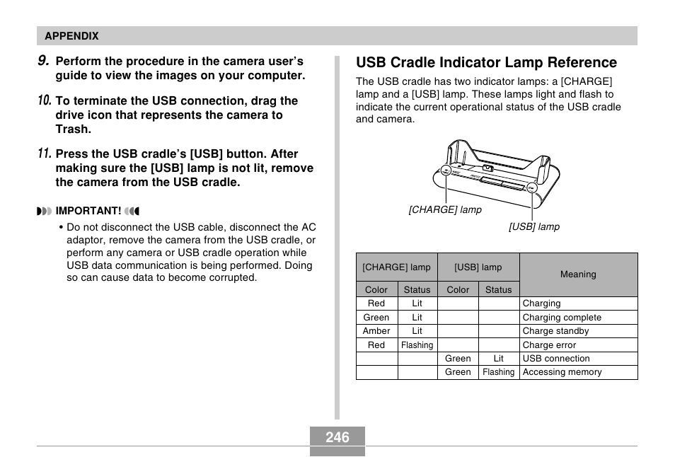 Usb cradle indicator lamp reference, 246 usb cradle indicator lamp reference | Casio EX-Z70 User Manual | Page 246 / 252