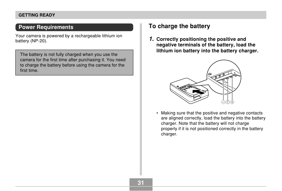 Power requirements, To charge the battery | Casio EX-Z70 User Manual | Page 31 / 252