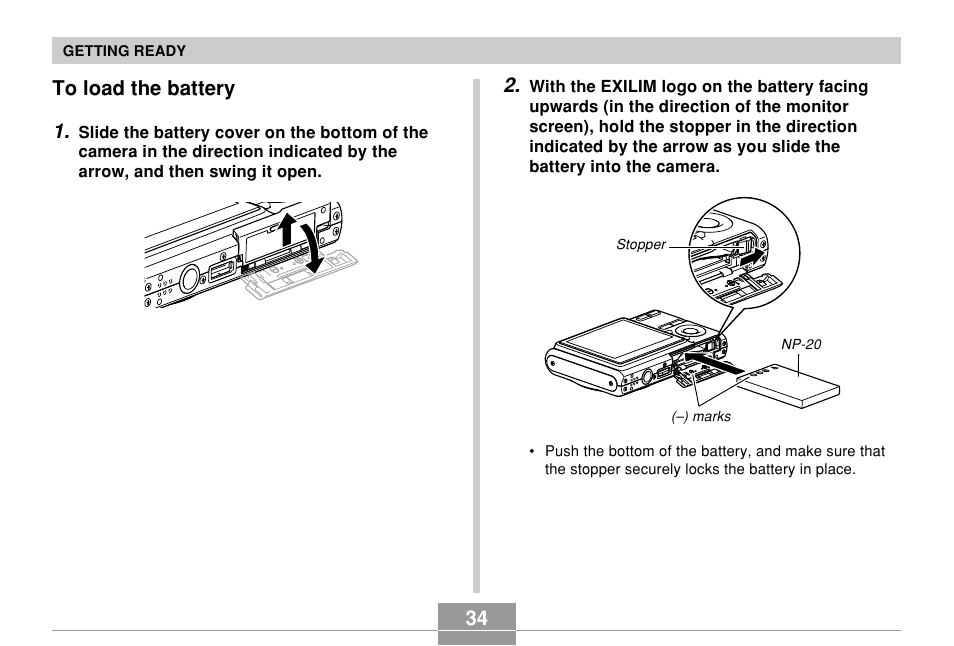 To load the battery, 34 to load the battery 1 | Casio EX-Z70 User Manual | Page 34 / 252