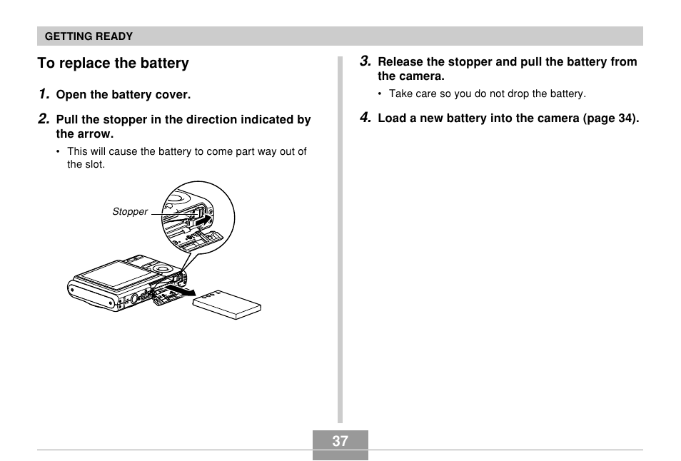 To replace the battery | Casio EX-Z70 User Manual | Page 37 / 252