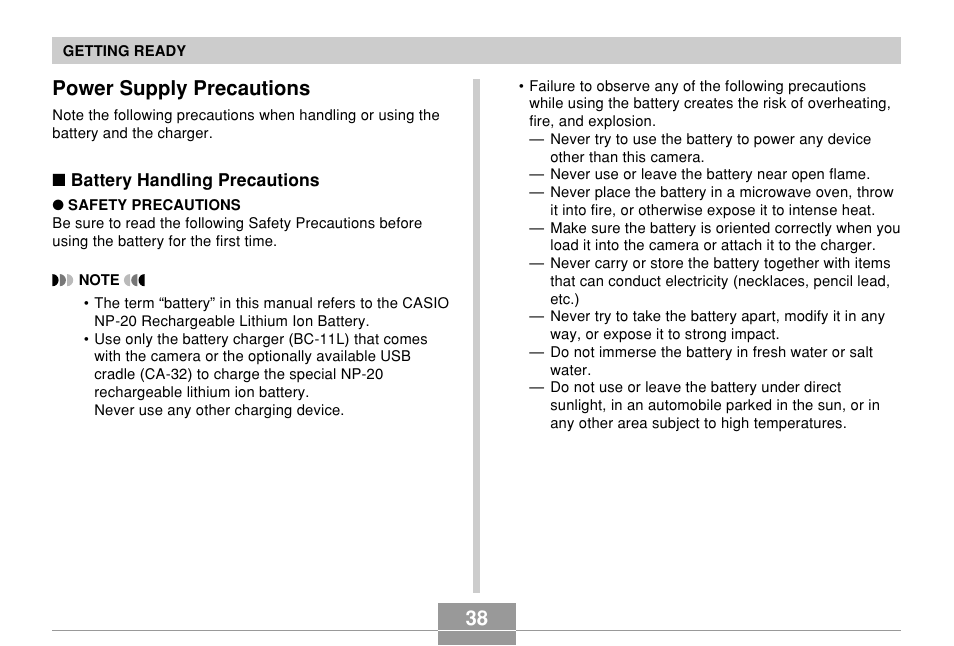 Power supply precautions, 38 power supply precautions | Casio EX-Z70 User Manual | Page 38 / 252