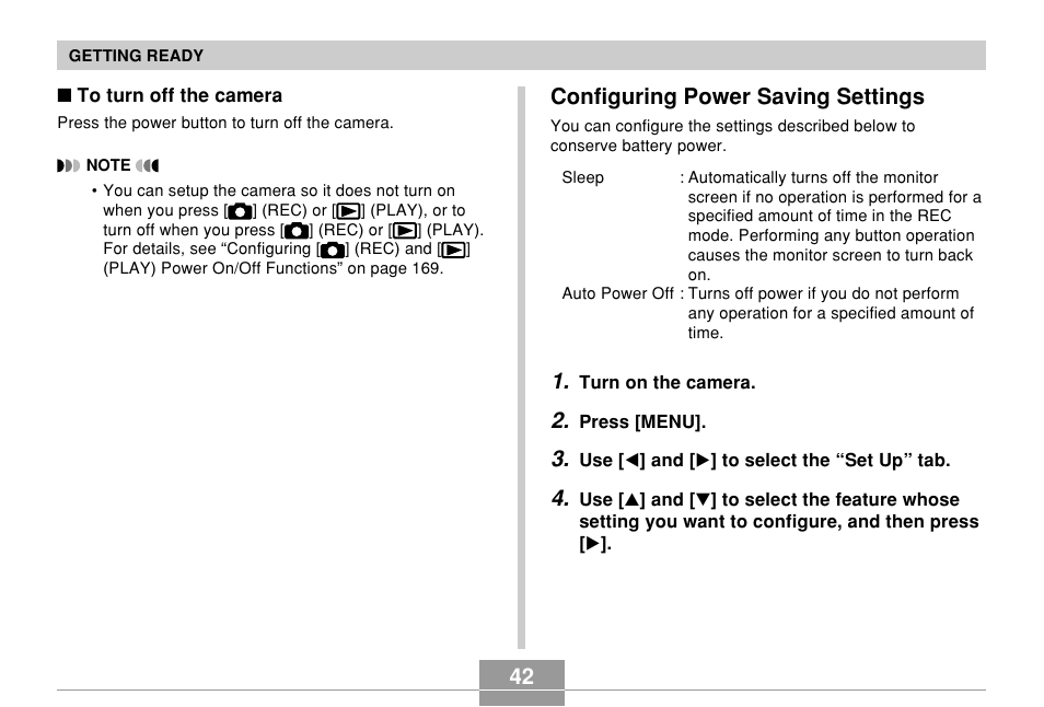 Configuring power saving settings | Casio EX-Z70 User Manual | Page 42 / 252