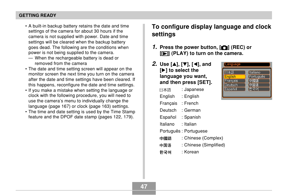 To configure display language and clock settings | Casio EX-Z70 User Manual | Page 47 / 252