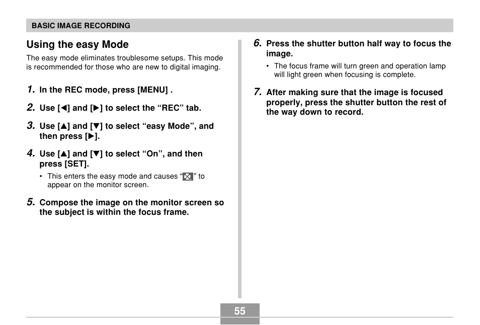 Using the easy mode | Casio EX-Z70 User Manual | Page 55 / 252