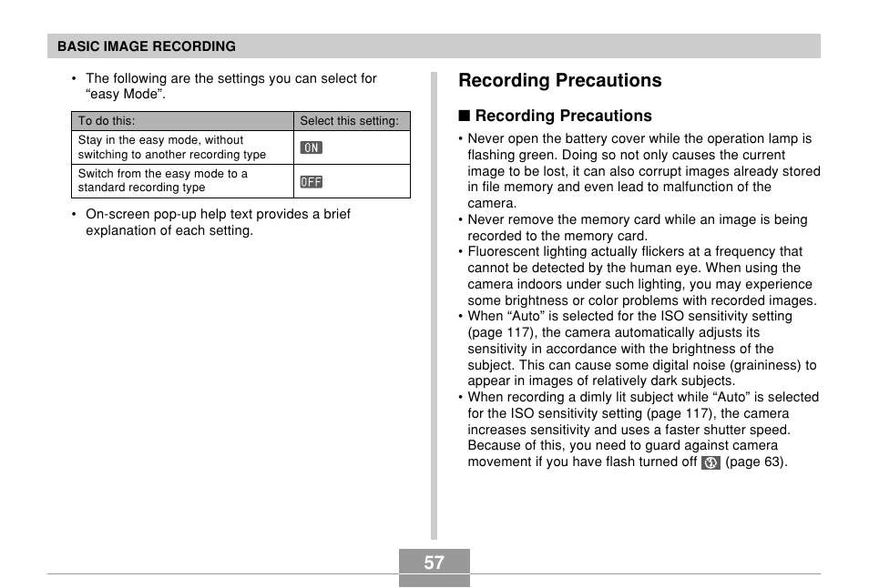 Recording precautions, 57 recording precautions | Casio EX-Z70 User Manual | Page 57 / 252