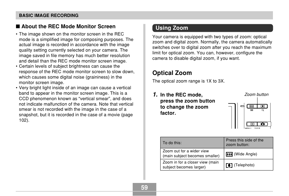 Using zoom, Optical zoom | Casio EX-Z70 User Manual | Page 59 / 252