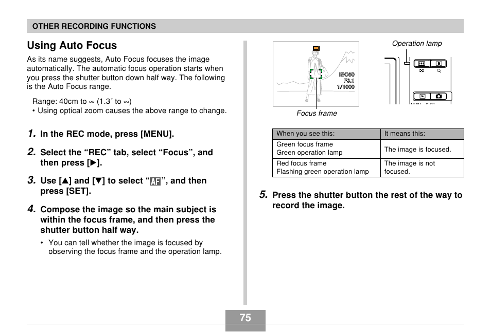 Using auto focus | Casio EX-Z70 User Manual | Page 75 / 252