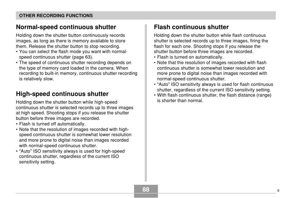 Normal-speed continuous shutter, High-speed continuous shutter, Flash continuous shutter | 88 normal-speed continuous shutter | Casio EX-Z70 User Manual | Page 88 / 252