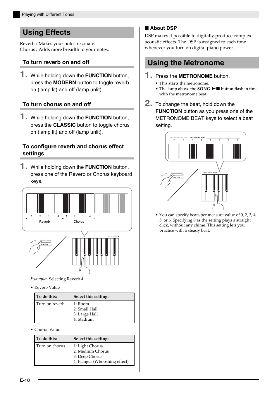Using effects, Using the metronome | Casio PRIVIA PX-130 User Manual | Page 12 / 36