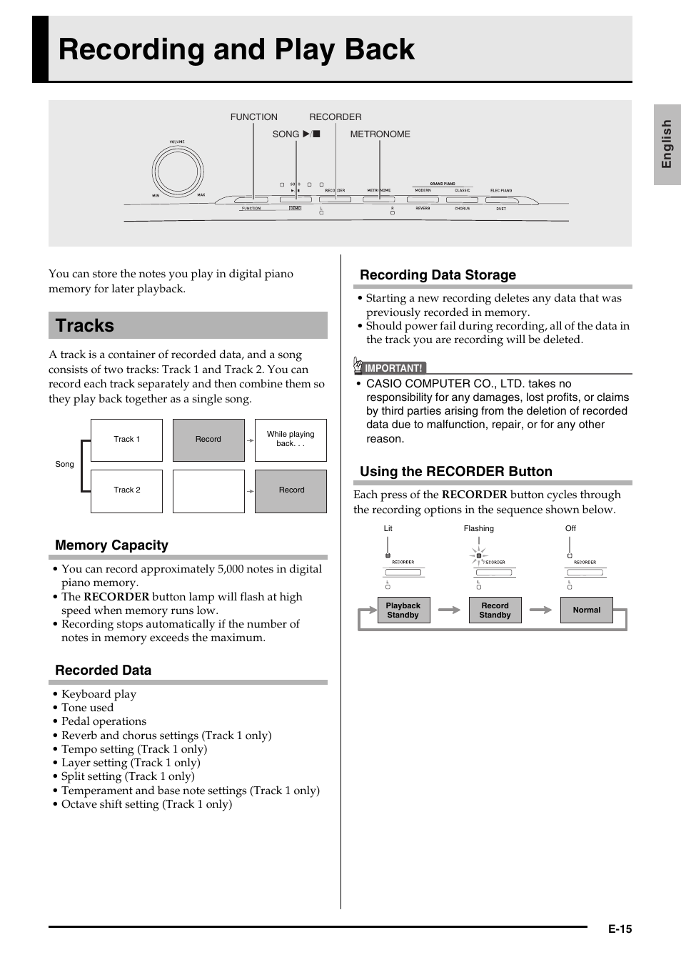 Recording and play back, Tracks, Recorded data | Recording data storage, Using the recorder button | Casio PRIVIA PX-130 User Manual | Page 17 / 36