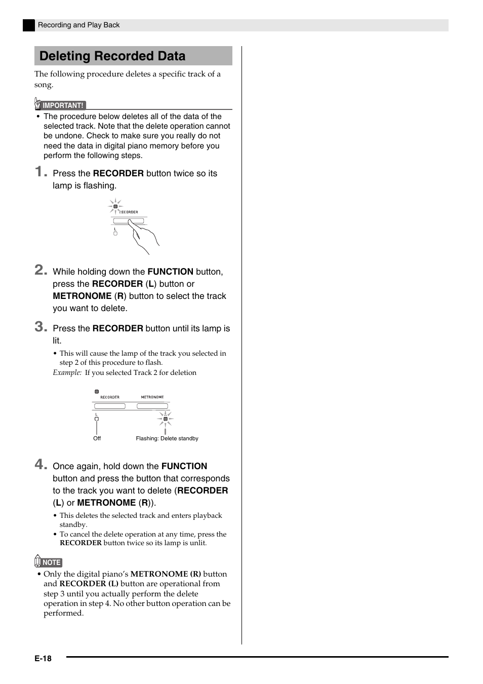 Deleting recorded data | Casio PRIVIA PX-130 User Manual | Page 20 / 36