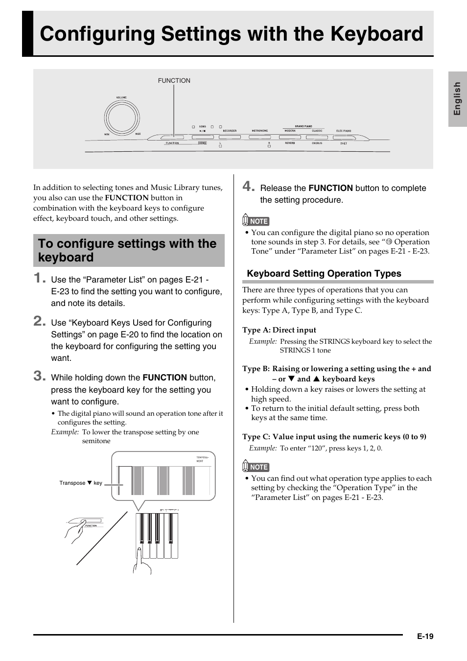 Configuring settings with the keyboard | Casio PRIVIA PX-130 User Manual | Page 21 / 36