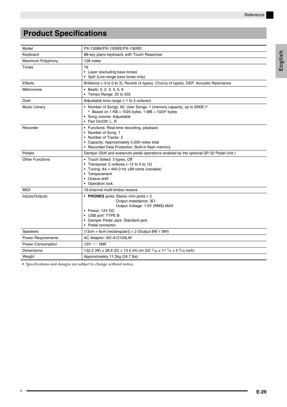 Product specifications, English | Casio PRIVIA PX-130 User Manual | Page 31 / 36