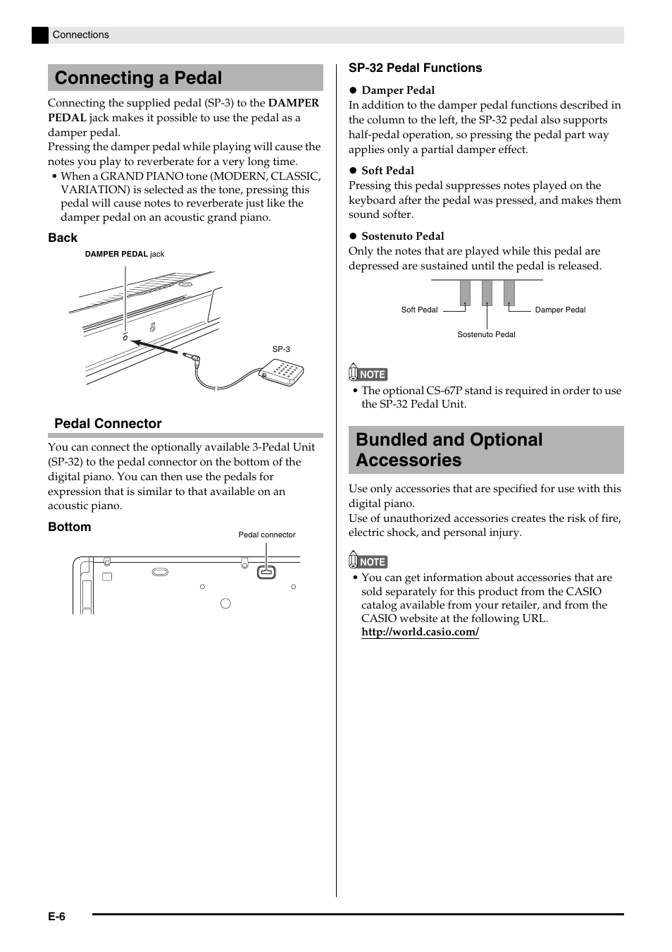 Connecting a pedal, Bundled and optional accessories, Pedal connector | Casio PRIVIA PX-130 User Manual | Page 8 / 36