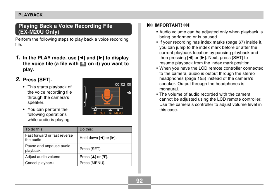 Playing back a voice recording file (ex-m20u only) | Casio EXILIM EX-M20U User Manual | Page 17 / 19