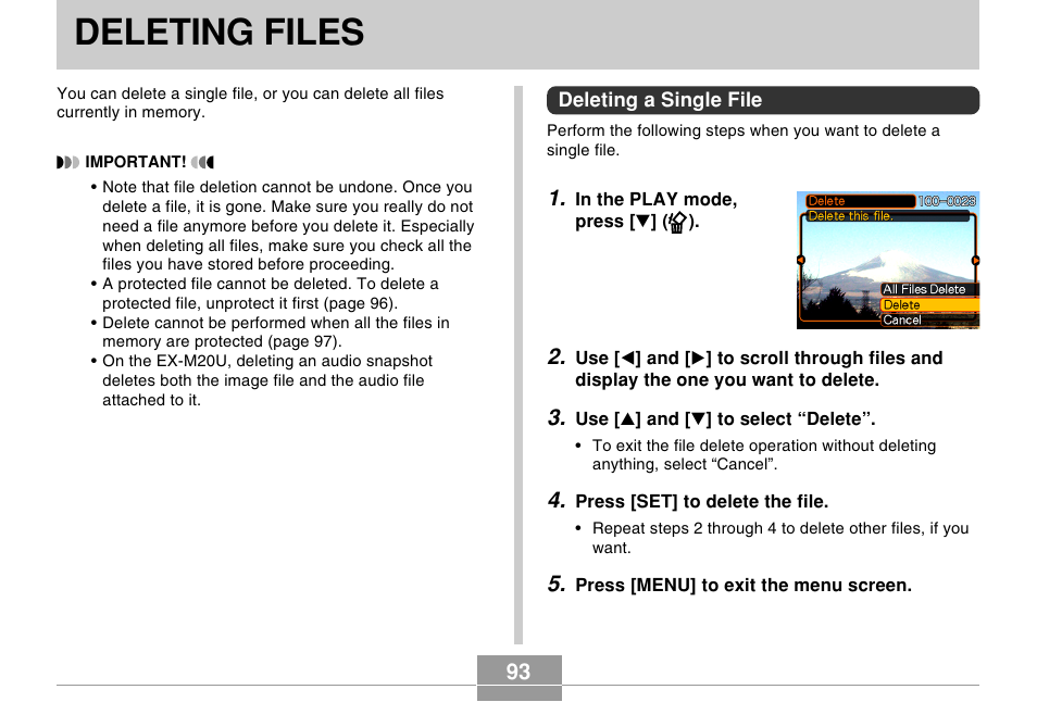 Deleting files | Casio EXILIM EX-M20U User Manual | Page 18 / 19