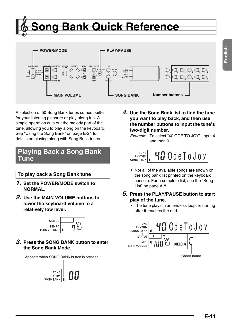 Song bank quick reference, Playing back a song bank tune | Casio CTK-245 User Manual | Page 13 / 46