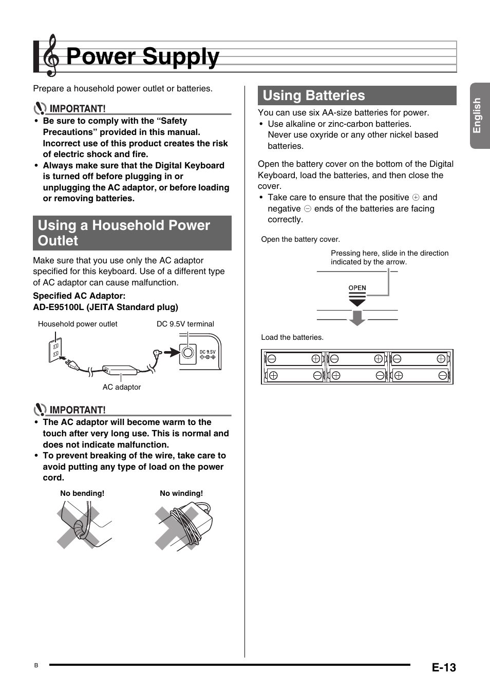 Power supply, Using a household power outlet, Using batteries | E-13 | Casio CTK-245 User Manual | Page 15 / 46