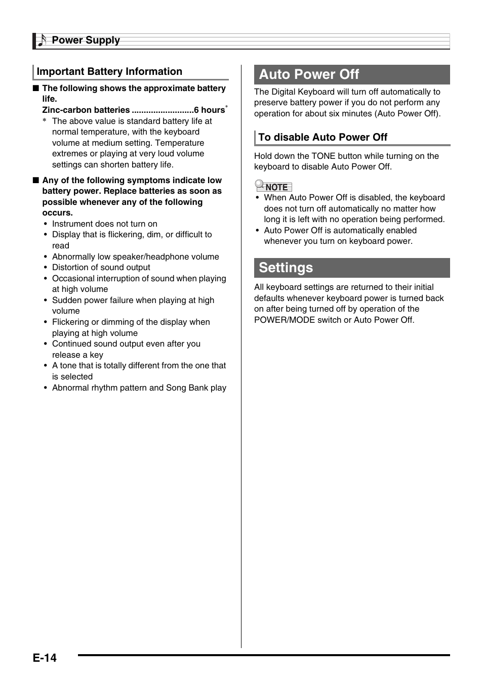 Auto power off, Settings, E-14 | Casio CTK-245 User Manual | Page 16 / 46
