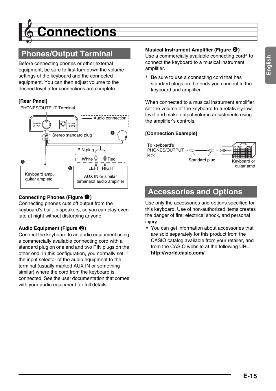 Connections, Phones/output terminal, Accessories and options | E-15 | Casio CTK-245 User Manual | Page 17 / 46