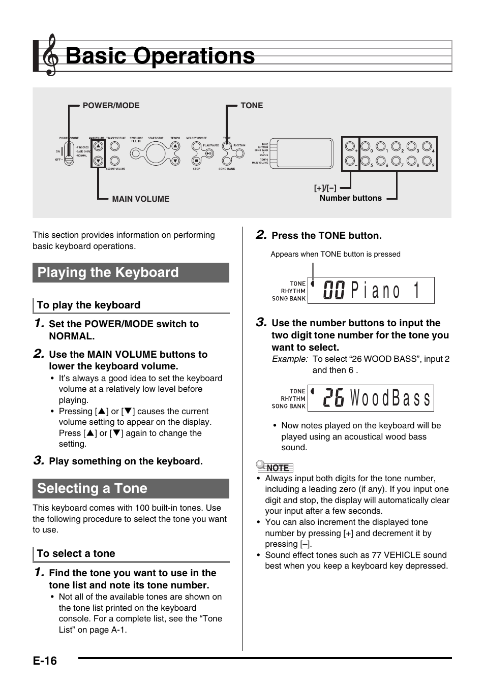 Basic operations, Playing the keyboard, Selecting a tone | Casio CTK-245 User Manual | Page 18 / 46