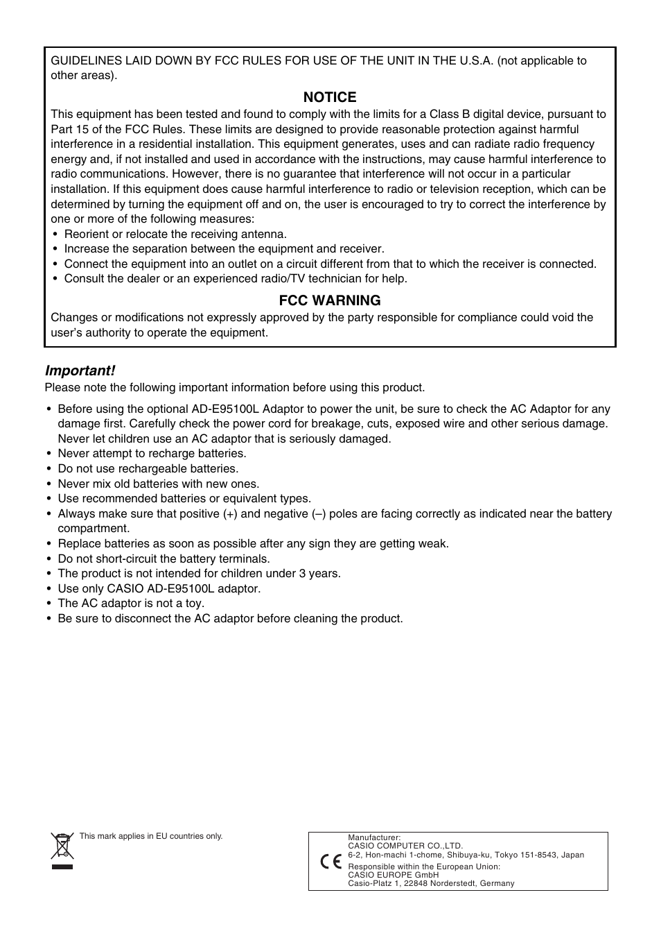 Important, Notice, Fcc warning | Casio CTK-245 User Manual | Page 2 / 46