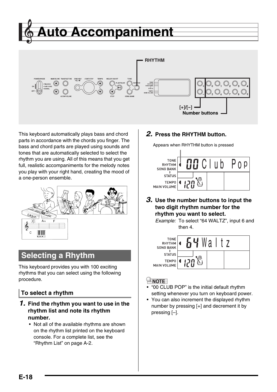 Auto accompaniment, Selecting a rhythm | Casio CTK-245 User Manual | Page 20 / 46