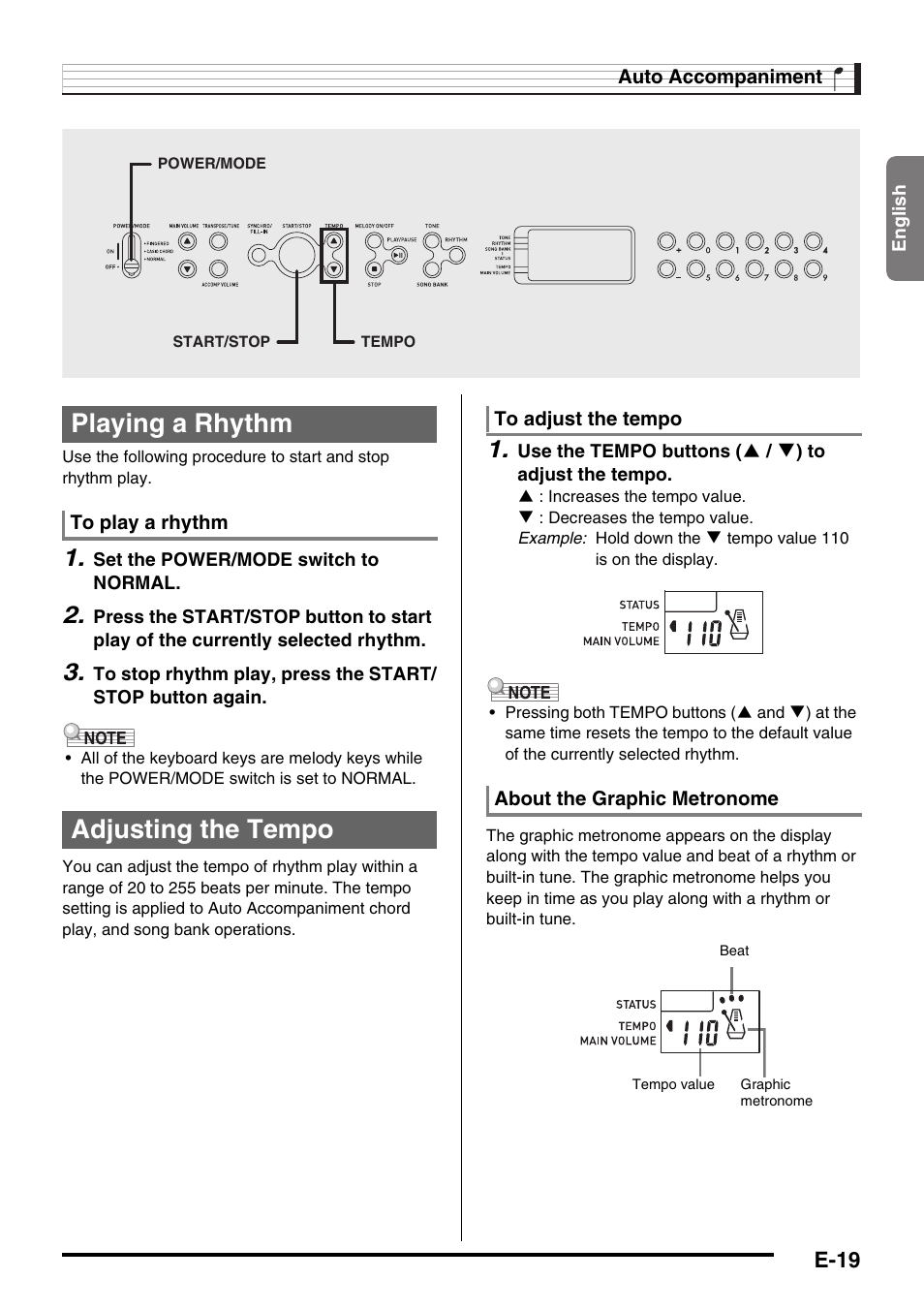 Playing a rhythm, Adjusting the tempo | Casio CTK-245 User Manual | Page 21 / 46