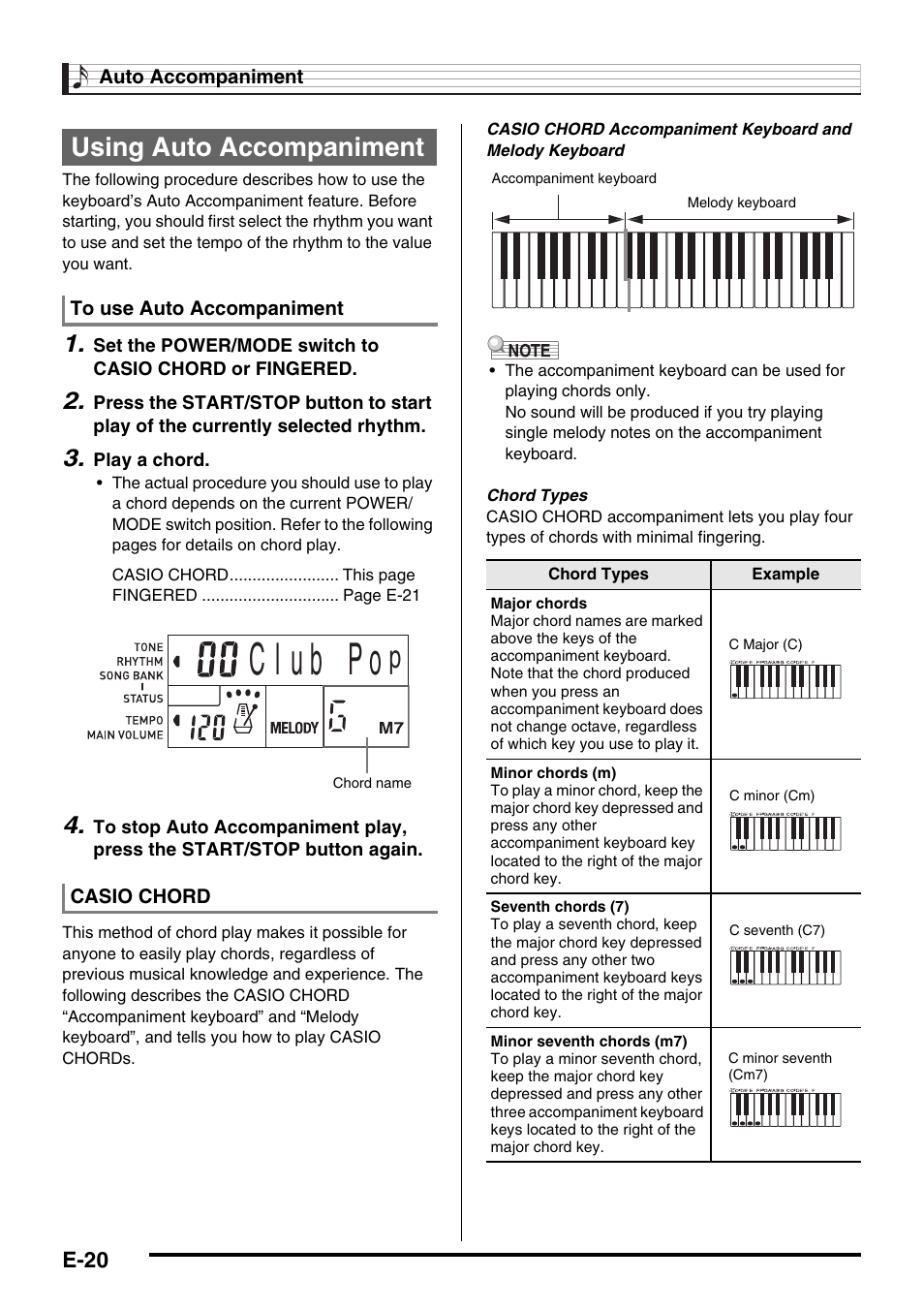 Using auto accompaniment | Casio CTK-245 User Manual | Page 22 / 46