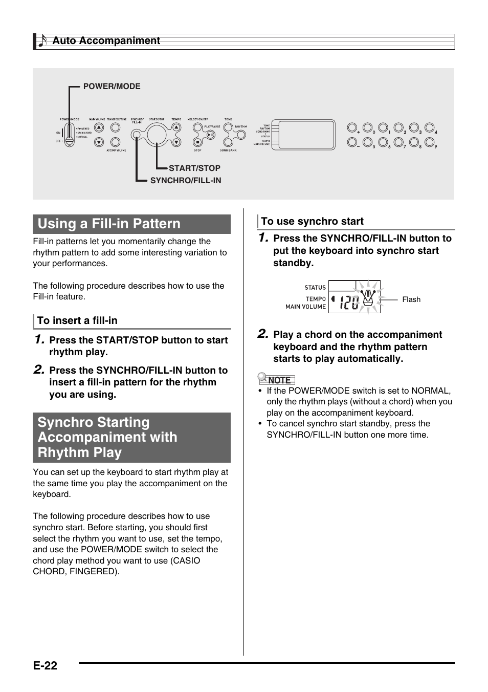 Using a fill-in pattern, Synchro starting accompaniment with rhythm play | Casio CTK-245 User Manual | Page 24 / 46