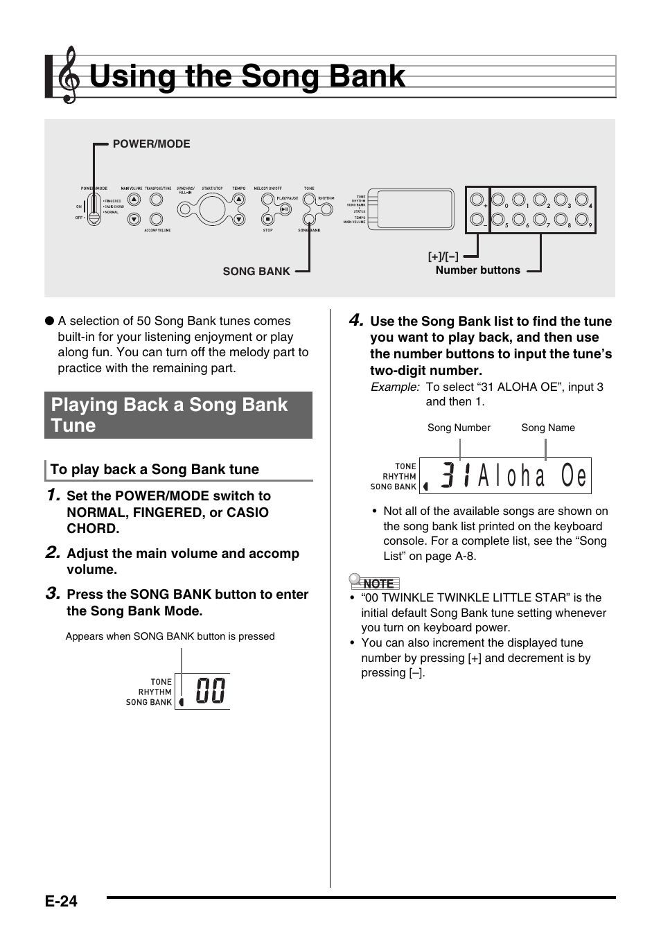 Using the song bank, Playing back a song bank tune | Casio CTK-245 User Manual | Page 26 / 46