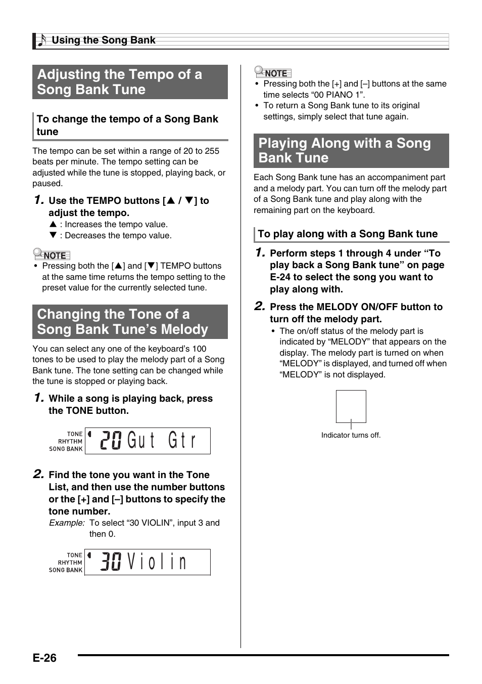 Adjusting the tempo of a song bank tune, Changing the tone of a song bank tune’s melody, Playing along with a song bank tune | Casio CTK-245 User Manual | Page 28 / 46