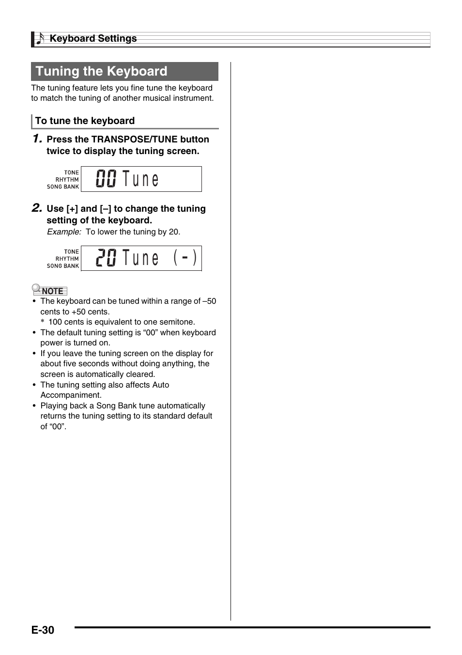 T u n e, Tuning the keyboard | Casio CTK-245 User Manual | Page 32 / 46