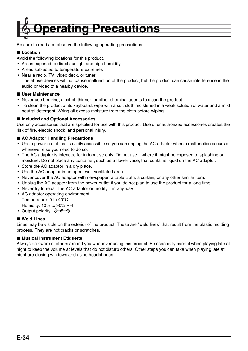 Operating precautions | Casio CTK-245 User Manual | Page 36 / 46