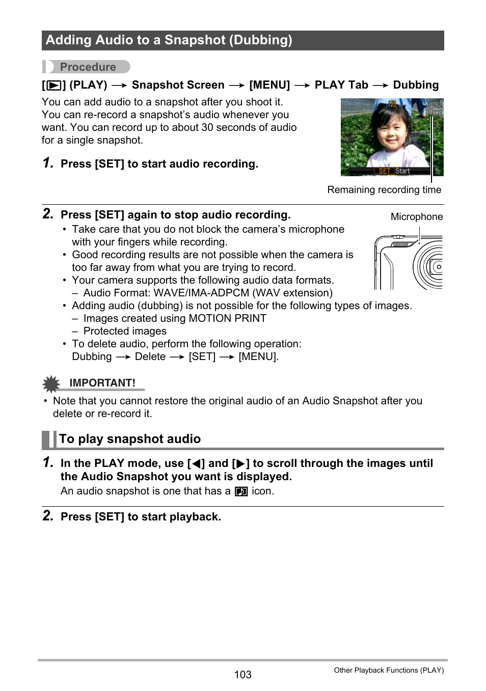 Adding audio to a snapshot (dubbing), To play snapshot audio | Casio EXILIM EX-H10 User Manual | Page 103 / 189