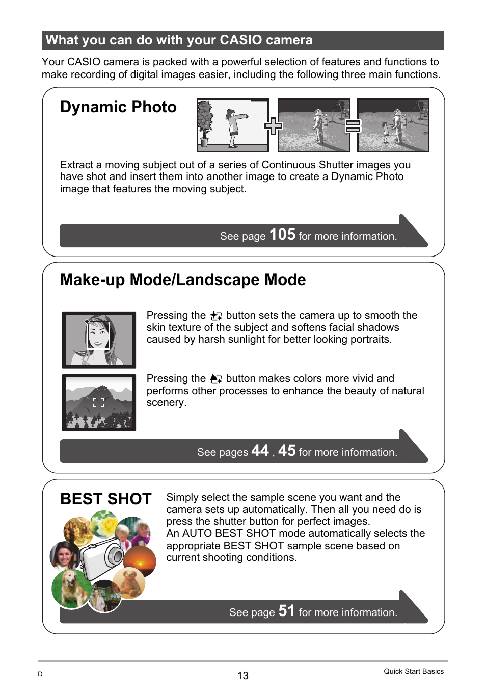 What you can do with your casio camera, Dynamic photo, Make-up mode/landscape mode best shot | Casio EXILIM EX-H10 User Manual | Page 13 / 189