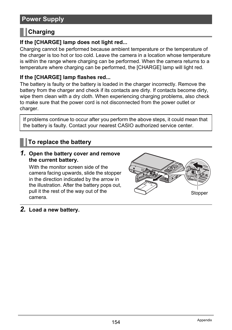 Power supply, Charging, To replace the battery | Casio EXILIM EX-H10 User Manual | Page 154 / 189
