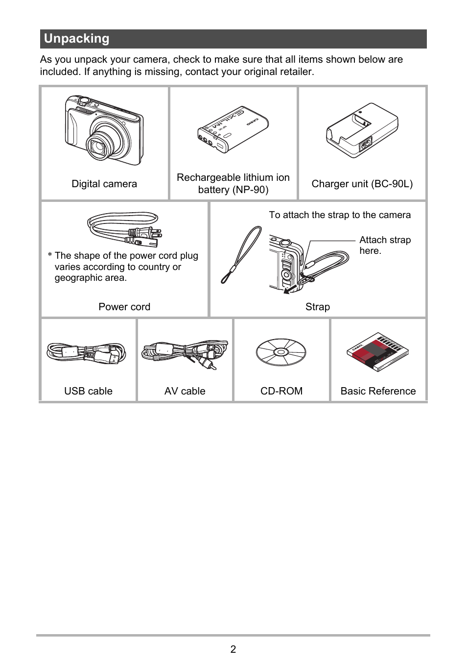 Unpacking | Casio EXILIM EX-H10 User Manual | Page 2 / 189