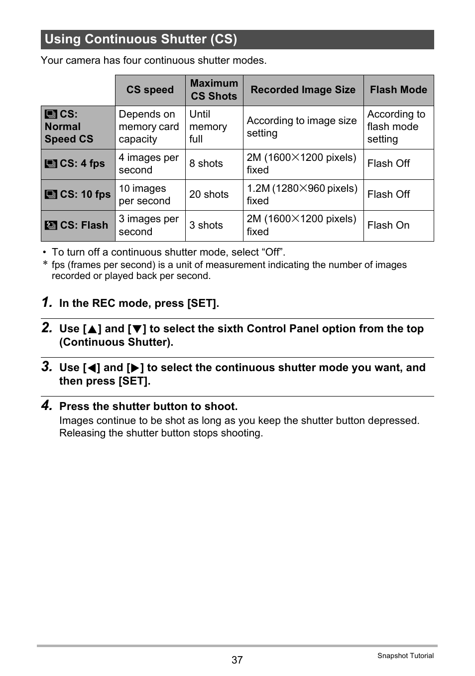 Using continuous shutter (cs) | Casio EXILIM EX-H10 User Manual | Page 37 / 189