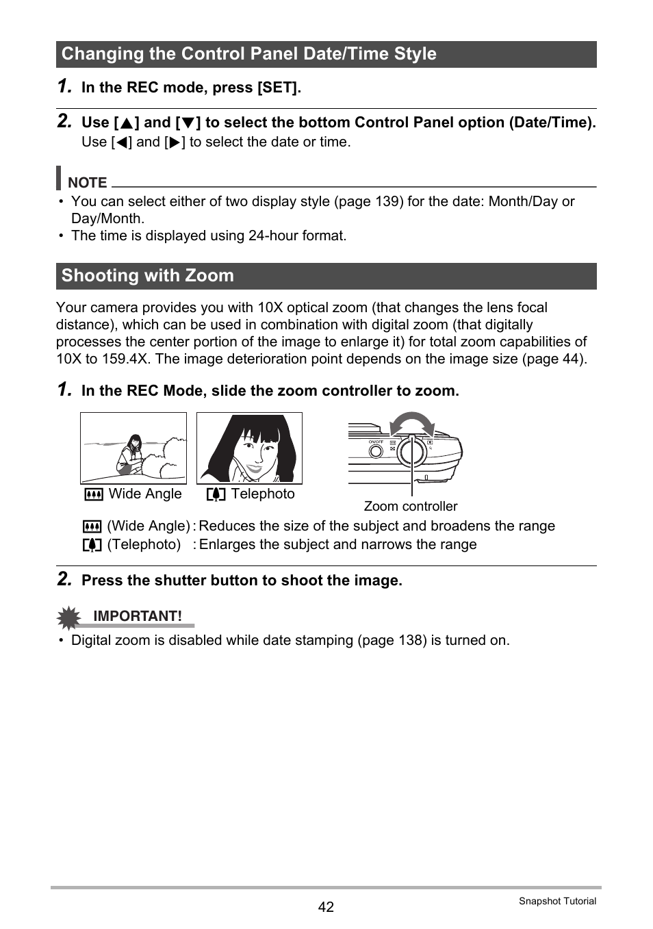 Changing the control panel date/time style, Shooting with zoom | Casio EXILIM EX-H10 User Manual | Page 42 / 189