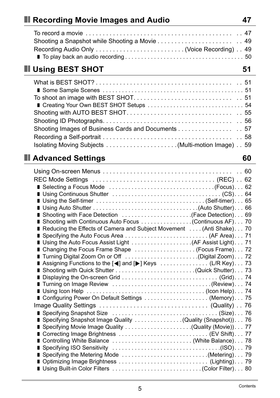 Recording movie images and audio 47, Using best shot 51, Advanced settings 60 | Casio EXILIM EX-H10 User Manual | Page 5 / 189