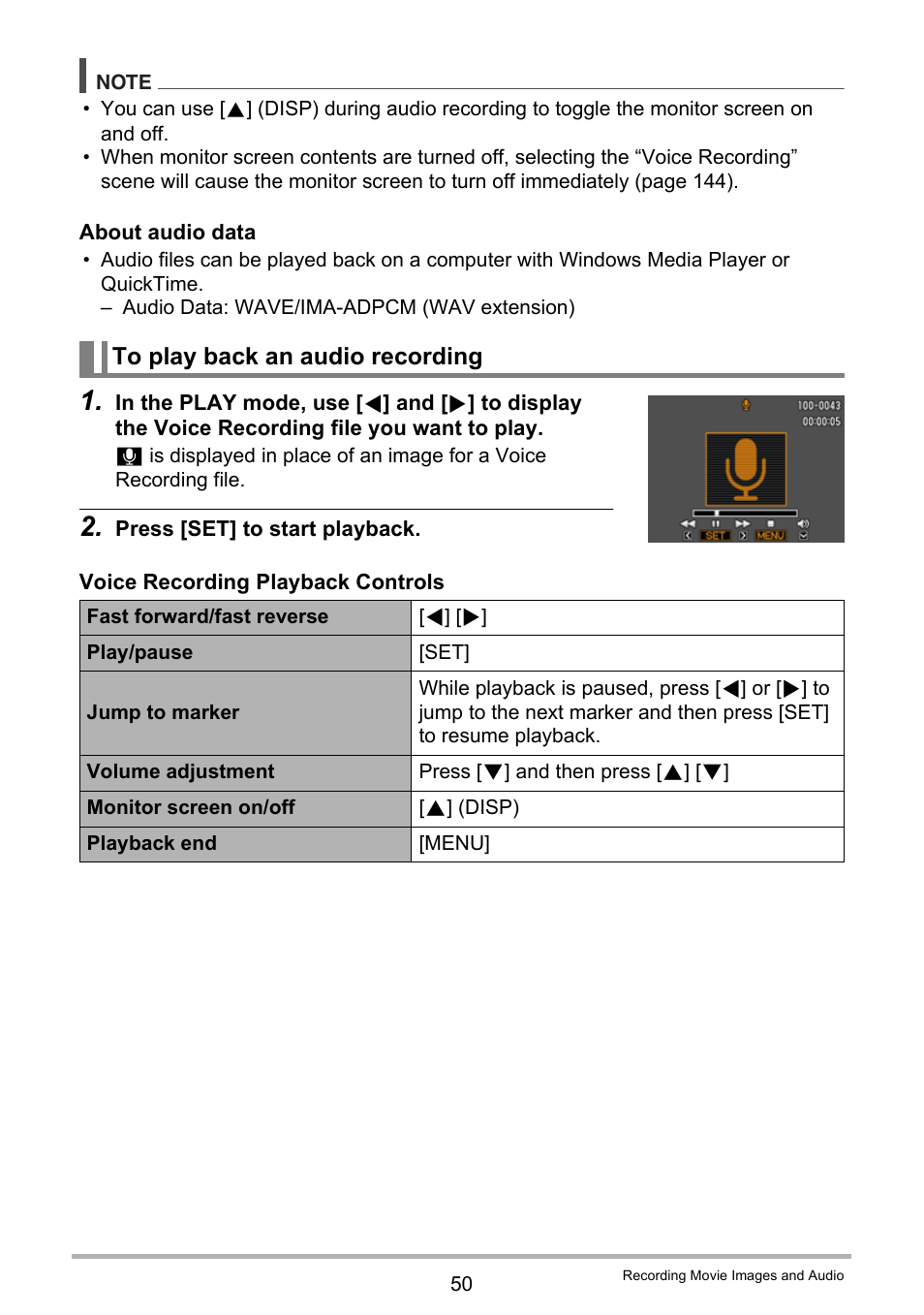 To play back an audio recording | Casio EXILIM EX-H10 User Manual | Page 50 / 189
