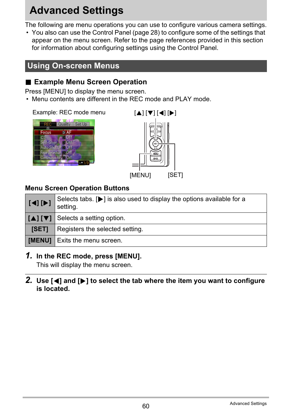 Advanced settings, Using on-screen menus | Casio EXILIM EX-H10 User Manual | Page 60 / 189